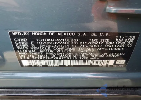 2024 Honda Hr-V Exl из США, поврежденный, VIN 3CZRZ2H7XRM750116